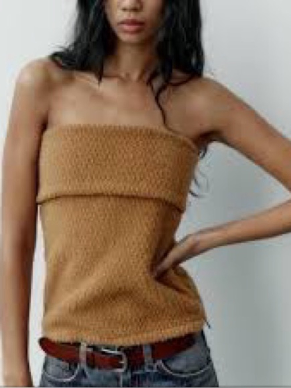ZARA Camel Brown Faux Shearling Borg Fleece Zip‎ Tube Top Bandeau Size L